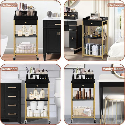 Large Makeup Organizer Cart with Hair Tool Holder, Rolling Makeup Cart with Drawer, 2-in-1 Vanity Organizer Cosmetic Display Cases for Skin Care Perfume Nail Polish Brush Tools, Gold & Black