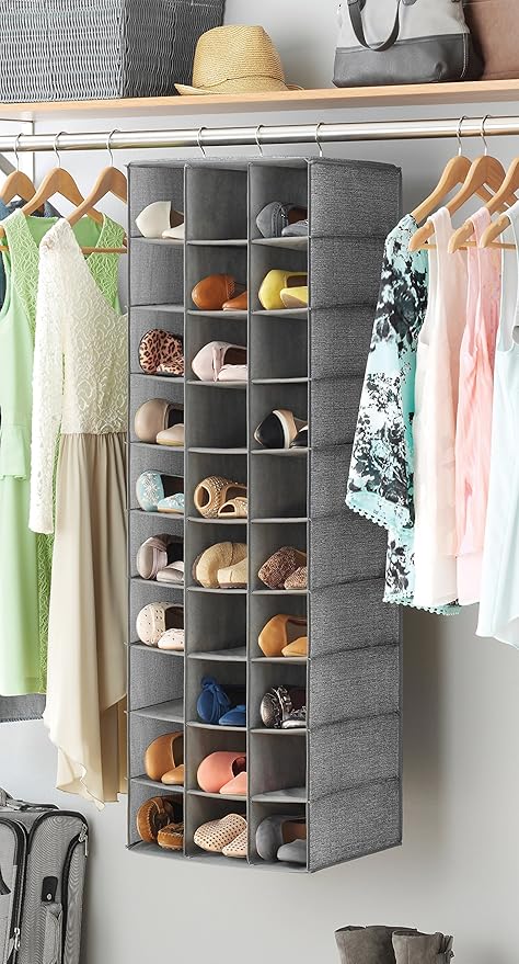 Whitmor 30 Sections Hanging Clothes Closet Organizer, Space Saving Breathable Fabric Shoe Storage for Bedroom, Laundry, Dorm, Crosshatch Gray (Pack of 4)
