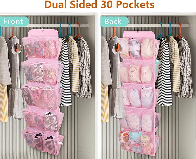 MISSLO 30 Large Pockets Dual Sided Hanging Shoe Organizer for Closet with Rotating Hanger Hanging Shoe Shelves, Pink