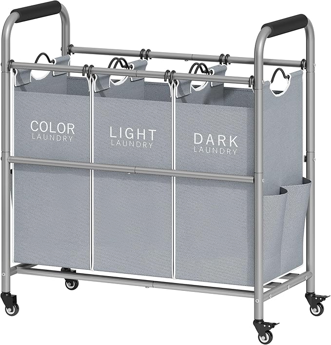 Tajsoon 3 Bag Laundry Sorter Cart, Laundry Hamper Sorter Basket with Heavy Duty Lockable Rolling Wheels for Clothes Storage, Grey & White