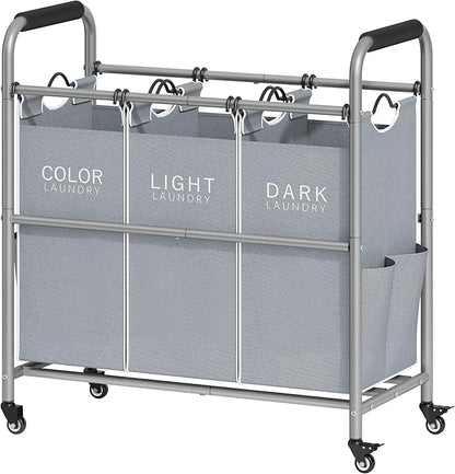 Tajsoon 3 Bag Laundry Sorter Cart, Laundry Hamper Sorter Basket with Heavy Duty Lockable Rolling Wheels for Clothes Storage, Grey & White