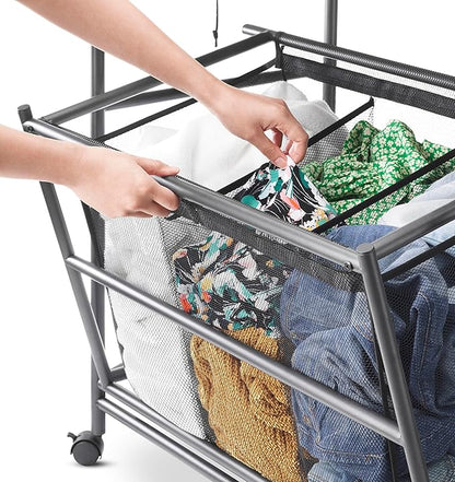 Whitmor Triple Laundry Sorter with Ironing & Folding Table - Rolling Laundry Sorter with Ironing Table - Gunmetal