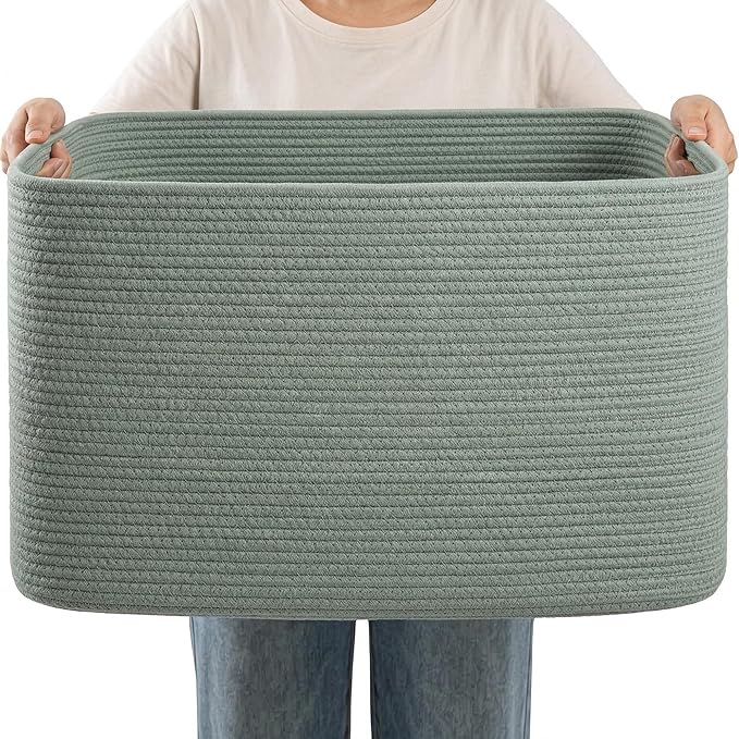75L Green Cotton Rope Storage Basket, Large Rectangle Laundry Hamper with Handles, 22”x17”x12” Woven Blanket and Toy Basket for Living Room, Bedroom and Nursery