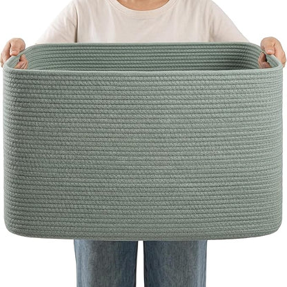 75L Green Cotton Rope Storage Basket, Large Rectangle Laundry Hamper with Handles, 22”x17”x12” Woven Blanket and Toy Basket for Living Room, Bedroom and Nursery