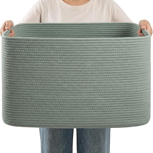 75L Green Cotton Rope Storage Basket, Large Rectangle Laundry Hamper with Handles, 22”x17”x12” Woven Blanket and Toy Basket for Living Room, Bedroom and Nursery