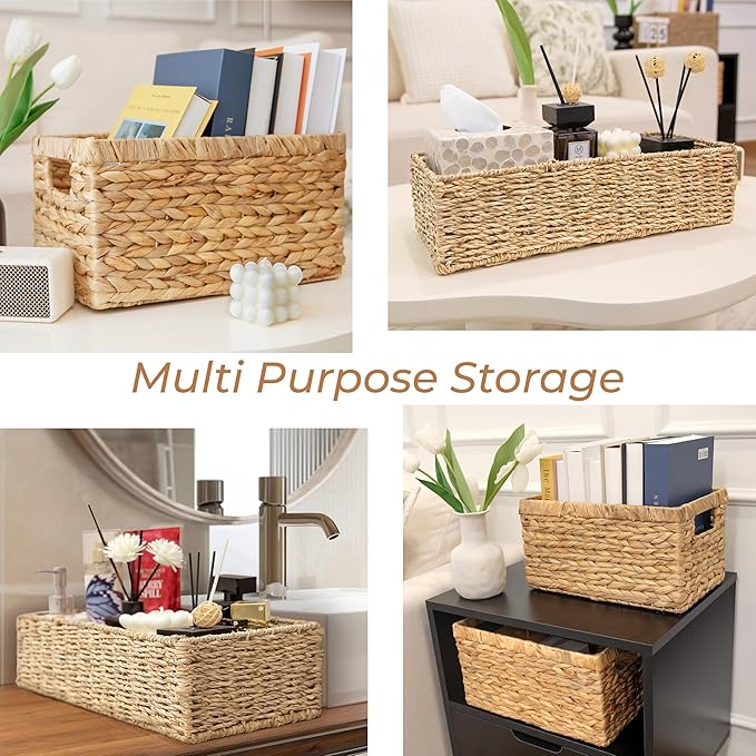 2-Pack Handwoven Water Hyacinth Storage Baskets with Handles, Wicker Bins for Pantry Organization, Shelf or Closet Organizer, Decorative Boho Rectangular Basket 13.5" x 8"