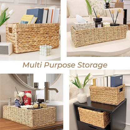 2-Pack Handwoven Water Hyacinth Storage Baskets with Handles, Wicker Bins for Pantry Organization, Shelf or Closet Organizer, Decorative Boho Rectangular Basket 13.5" x 8"
