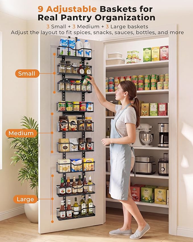 EVERIE Over the Door Pantry Organizer, 9-Tier Heavy Duty Door Storage Rack with Solid Bottom Baskets, Stable No-Bumping Design, Adjustable Hanging Shelves for Kitchen Pantry