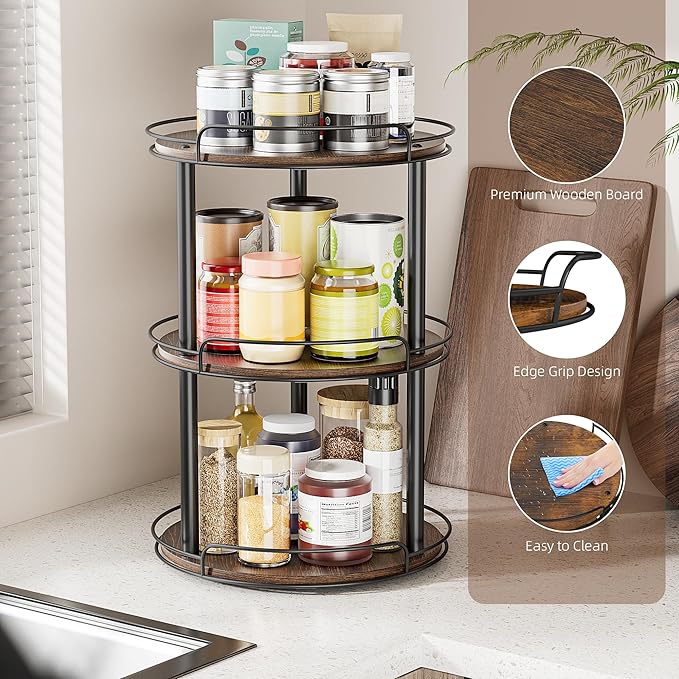 LAMU 10'' Wood Lazy Susan Turntable Organizer for Cabinet, 3 Tier Lazy Susan Spice Rack Organizer for Kitchen, Wood Cake Turntable for Cupcake Stand, Table Top, Countertop, Pantry, Bathroom