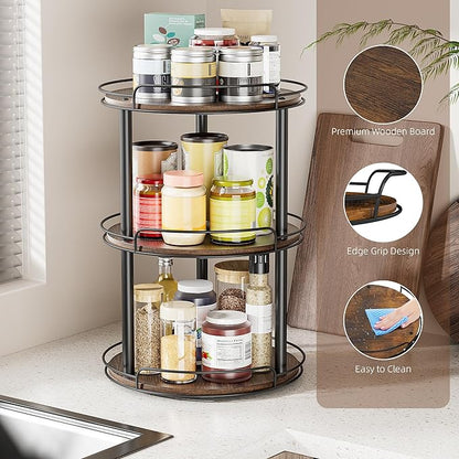 LAMU 10'' Wood Lazy Susan Turntable Organizer for Cabinet, 3 Tier Lazy Susan Spice Rack Organizer for Kitchen, Wood Cake Turntable for Cupcake Stand, Table Top, Countertop, Pantry, Bathroom
