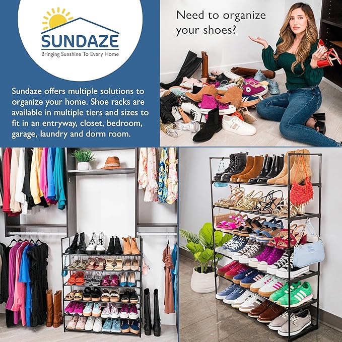 Sundaze Shoe Rack - 6 Tier Metal Shoe Rack for Front Door Entrance, Sturdy Tall Shoe Organizer for Closet, Bedroom, Entryway, Garage, Black Metal Shoe Shelf, Holds Up to 30 Pairs