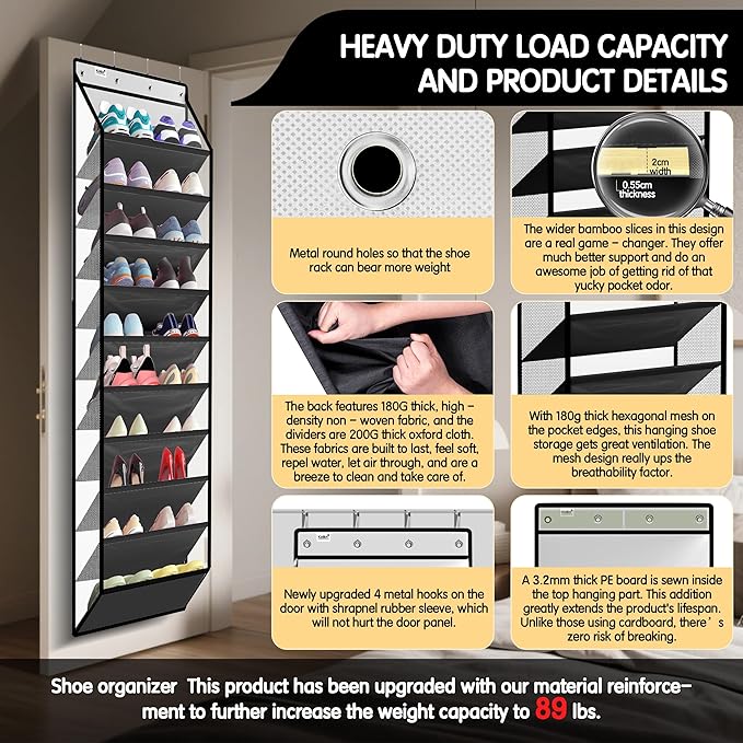 Kotkn 10 Tier Hanging Shoe Rack - Heavy Duty Behind The Door Hanging Shoe Rack, Sturdy Oxford Cloth, 20+ Pairs Over The Door Shoe Cabinet for Boots and Sneakers - Save 50% Closet Space! (Piano White)