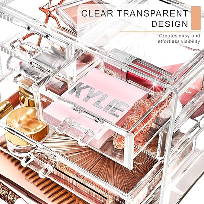 Sorbus Clear Makeup Organizer Display - Stylish Organization and Storage Case for Cosmetics, Jewelry & Hair Accessories - Space Saving Makeup Organizer for Vanity & Bathroom (2 Large, 4 Small Drawers)