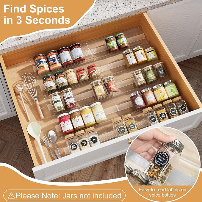 10-Pack Adjustable Spice Drawer Organizer, Expandable Seasoning Rack Tray (13" to 26"), Acrylic Insert with Anti-Slip Mat for Kitchen Cabinet (Jars Not Included)