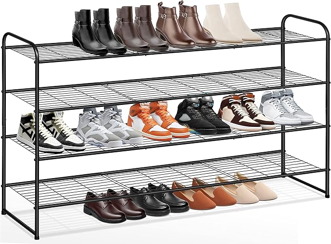 KEETDY 4-Tier Long Shoe Rack for Closet Metal Shoe Organizer for Entryway, Wide Stackable Shoe Storage Shelf with Sturdy Wire Grid for Closet Floor, Bedroom, Black