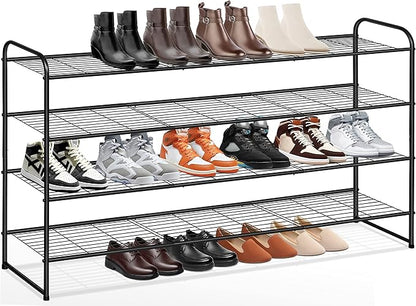 KEETDY 4-Tier Long Shoe Rack for Closet Metal Shoe Organizer for Entryway, Wide Stackable Shoe Storage Shelf with Sturdy Wire Grid for Closet Floor, Bedroom, Black