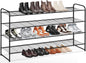 KEETDY 4-Tier Long Shoe Rack for Closet Metal Shoe Organizer for Entryway, Wide Stackable Shoe Storage Shelf with Sturdy Wire Grid for Closet Floor, Bedroom, Black