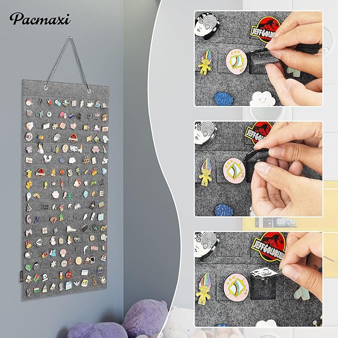 PACMAXI Hanging Brooch Pin Organizer, Display Pins Storage Case, Brooch Collection Storage Holder, Holds Up to 96 Pins.(Not Include Any Accessories) (M-170 Slots, Light Grey, Medium)