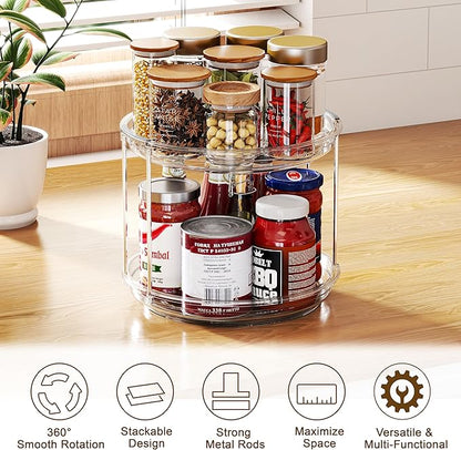 2 Tier Lazy Susan Turntable Organizer 9.25 inch, Rotating Spice Rack Organization for Cabinet, Bathroom, Pantry, Countertop, Kitchen, Vanity, Medicine Cabinet Organizer, Clear
