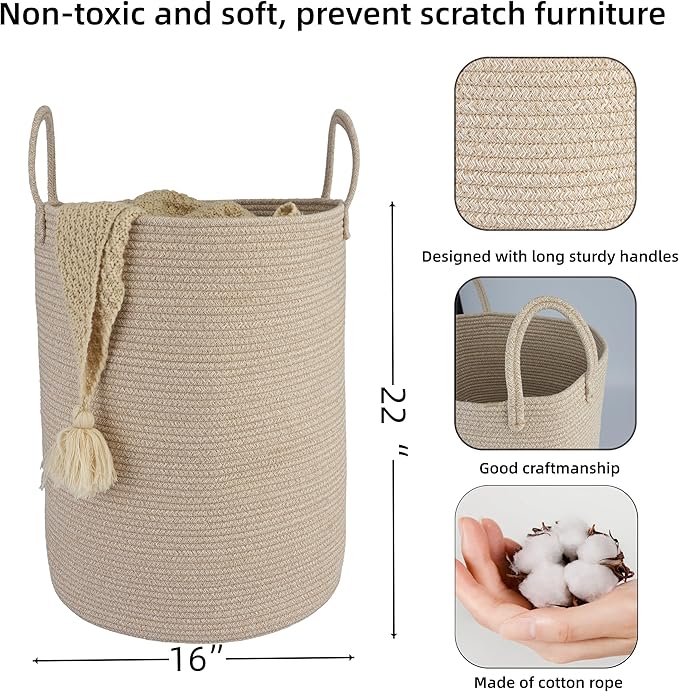 Woven Cotton Rope Laundry basket-16”X22” Laundry Hamper-Rope Storage Basket for Dirty Clothes, Toys and Blankets Perfect for Bathroom, Baby nursery and Living Room Storage (oatmeal, Large)