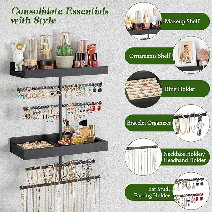 Keebofly Wall Mounted Jewelry Organizer with 2 Tired Shelves & Ring Holder- Jewelry Holder Wall Storage Display for Earrings, Necklace, Bracelet in Bathroom Bedroom, Black
