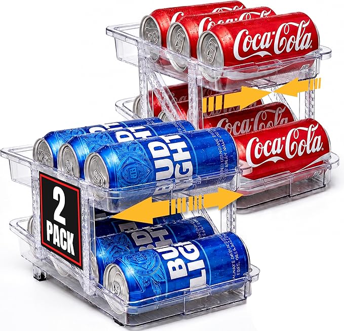 Expandable Soda Can Dispenser For Fridge - 2-Pack - Clear Transparent Soda Can Organizer For Refrigerator, Kitchen, and Pantry Storage Organizer for Cans, Beverage Bottle, Canned Food & Bottles