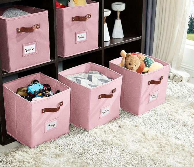DECOMOMO Storage Bins, Cube Storage Bin with Labels, Fabric Storage Cubes for Shelves (10.5" x 11" / 6pcs, Pink)
