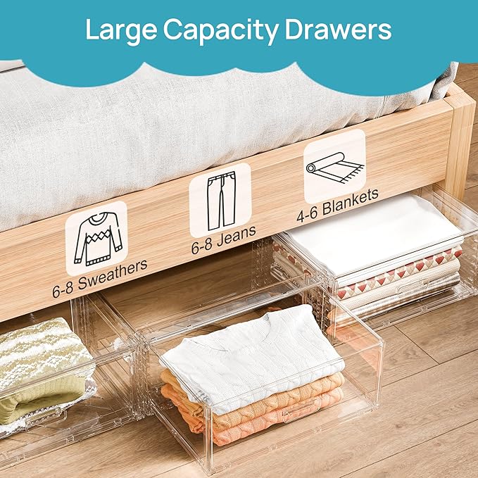 Vtopmart 4 Pack Large Clear Stackable Storage Drawers 27QT, Easily Assemble Plastic Closet Storage Bins, Dust-Proof UnderBed Organizer for Clothing, Sweater Organization