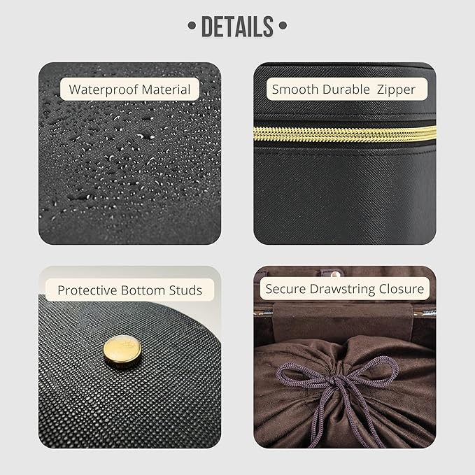 Travel Jewelry Organizer Case for Women Girls, Small Portable Jewelry Box with Compartments, Drawstring Pouch, Waterproof PU Leather Storage for Rings Earrings Necklace Bracelet, Mom Wife Gift – Black