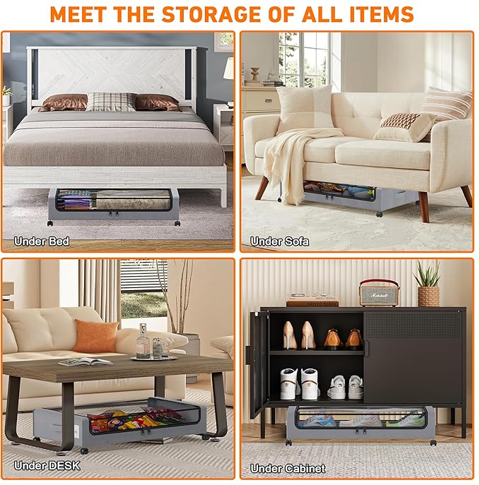 Under Bed Storage with Wheels, 2 Pack Under Bed Storage Containers with Clear Lids, XXL 65L Under Bed Storage Organizer, Rolling Under Bed Metal Drawer for Blanket, Clothes, Shoes (31 x 17 x 6.69 in)