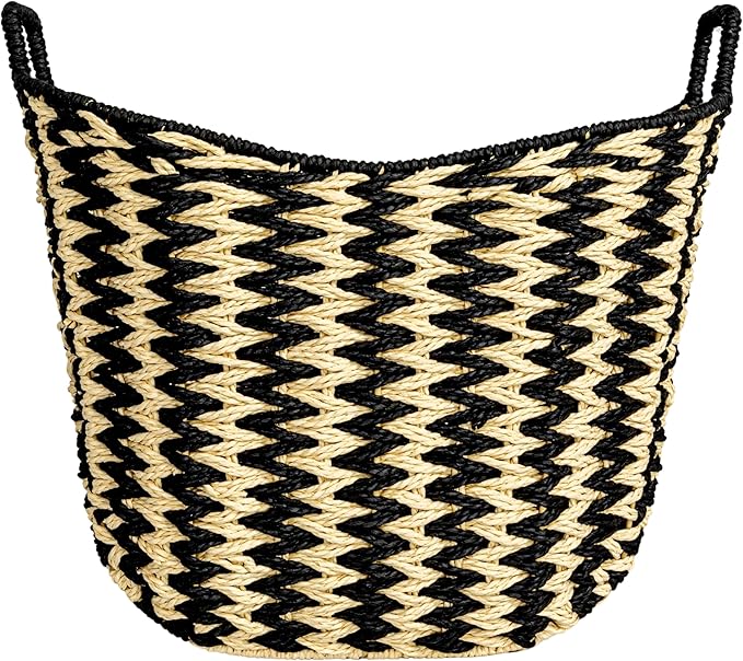 Household Essentials Zigzag Woven Paper Rope Basket, Black and Natural