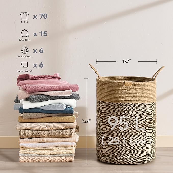 Nunsino Laundry Hamper 95L,Large Laundry Basket for Clothes,Decorative Storage Basket for Blankets,Cotton Rope Woven basket for bedroom,Dark Brown