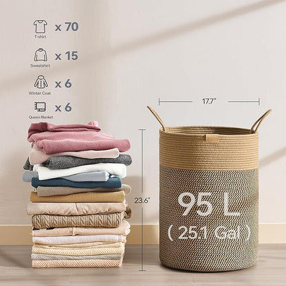 Nunsino Laundry Hamper 95L,Large Laundry Basket for Clothes,Decorative Storage Basket for Blankets,Cotton Rope Woven basket for bedroom,Dark Brown