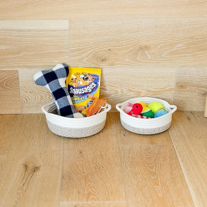 NaturalCozy 5-Piece Round Small Woven Baskets Set– Cotton Rope Baskets for Organizing! Montessori Toys, Fruits Remotes Key Tray Bowl for Entryway Desk, Shallow Catchall Home Décor, Cat Dog Bin Gift