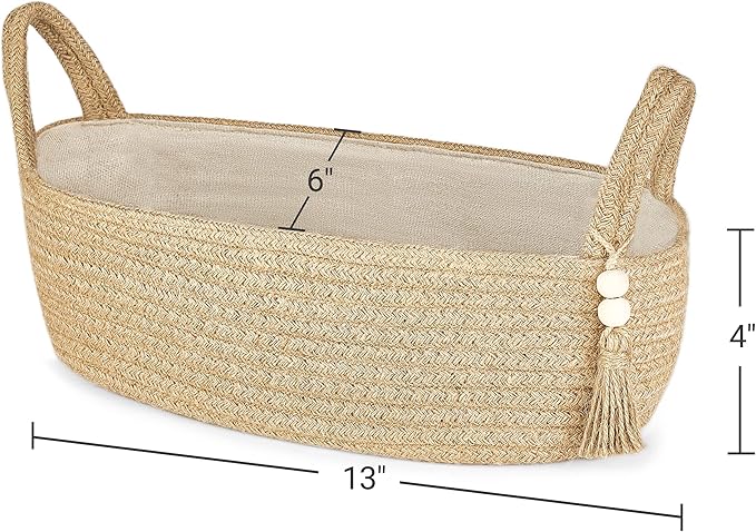Mkono Small Storage Basket for Toilet Tank Top Boho Bathroom Decor Woven Rope Toilet Paper Tray Organizer for Shelf Bedroom Living Room, Jute, 1 Pack, 13" L x 6" W