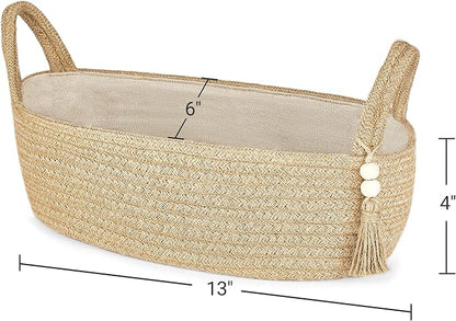 Mkono Small Storage Basket for Toilet Tank Top Boho Bathroom Decor Woven Rope Toilet Paper Tray Organizer for Shelf Bedroom Living Room, Jute, 1 Pack, 13" L x 6" W