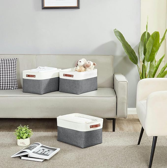 DECOMOMO Storage Bins, Large Fabric Storage Baskets for Shelves, Decorative Linen Closet Organizer, 15 x 11 x 9.5 inches (Slate Grey & White, 4 Pack)