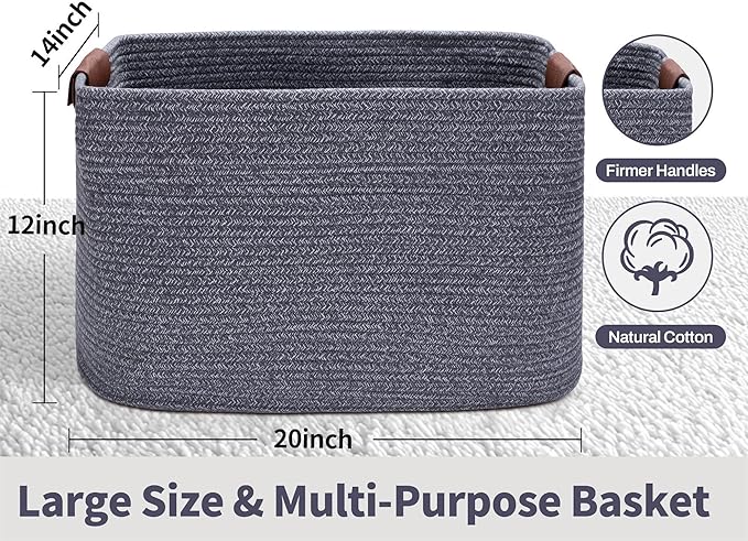 Large Cotton Rope Storage Basket with Leather Handles, Laundry Hamper Baskets, 20 "L x 14" W x 12 "H, Storage Blanket & Toy , Home Decor Basket. (Large Dark Grey)