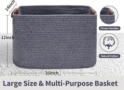 Large Cotton Rope Storage Basket with Leather Handles, Laundry Hamper Baskets, 20 "L x 14" W x 12 "H, Storage Blanket & Toy , Home Decor Basket. (Large Dark Grey)