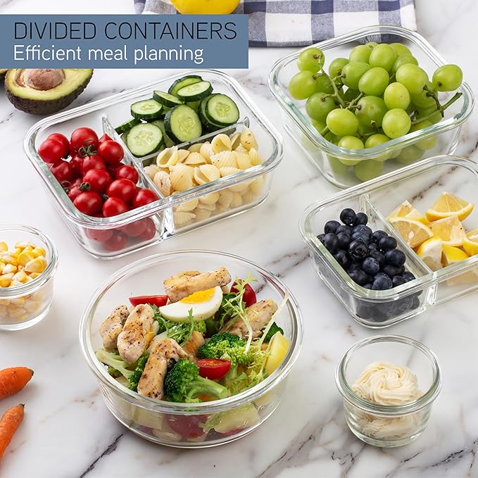 COOK WITH COLOR Premium 32-Pc. Borosilicate Glass Food Container Set with Dividers - 4 Rectangles, 8 Rounds, 4 Squares - Leakproof Lids - Meal Prep, Storage, Blue