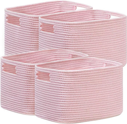 UBBCARE 4 Pack Storage Baskets for Organizing, Shelf Baskets with Handles, Woven Storage Baskets for Bookcase/Cube Shelf/Closet, 14.5"L x 9.8"W x 9"H, Pink