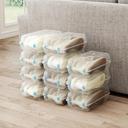 Shoe Organizer for Closet, 4 Pack Plastic Shoe Storage Boxes, Space Saving Stackable Shoe Storage Bins, Sneaker Storage Containers with Clear Lids for Display, Blue
