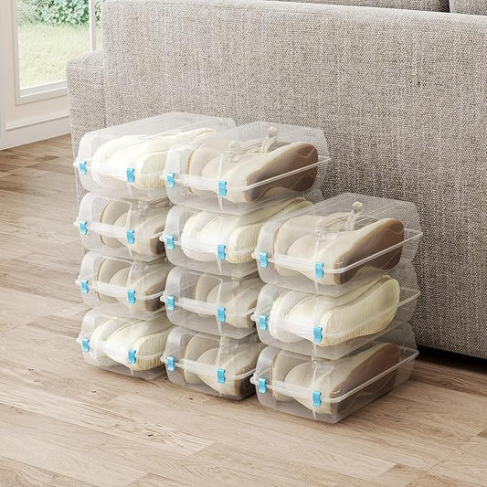 Shoe Organizer for Closet, 4 Pack Plastic Shoe Storage Boxes, Space Saving Stackable Shoe Storage Bins, Sneaker Storage Containers with Clear Lids for Display, Blue