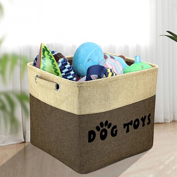 PET ARTIST Dog Toy Basket, Collapsible Dog Toy Bin Box with Comfortable Handles, Large Pet Toy Storage Basket Organizer for Accessories, Toys,Coat & Clothing,Blanket Leash (Brown, L:15"x13"x12")