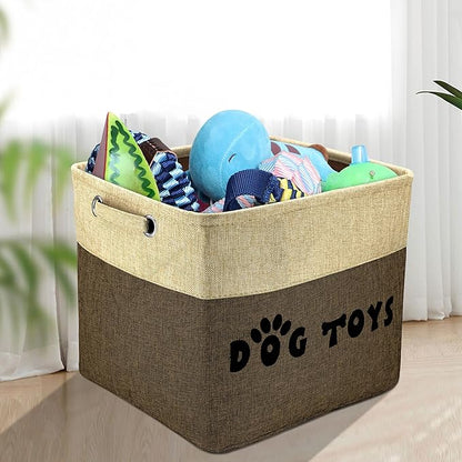 PET ARTIST Dog Toy Basket, Collapsible Dog Toy Bin Box with Comfortable Handles, Large Pet Toy Storage Basket Organizer for Accessories, Toys,Coat & Clothing,Blanket Leash (Brown, L:15"x13"x12")