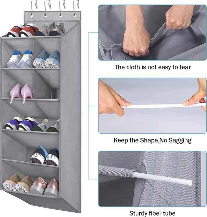 Over the Door Shoe Organizer, 6-Tier Hanging Shoe Rack for Closet Door with Large Pockets Shoe Holder, Hanging Storage Organizer for Shoes, Baby Diaper, Nursery, Gray