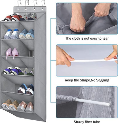Over the Door Shoe Organizer, 6-Tier Hanging Shoe Rack for Closet Door with Large Pockets Shoe Holder, Hanging Storage Organizer for Shoes, Baby Diaper, Nursery, Gray