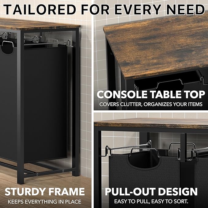 Simple Houseware 3-Section Laundry Sorter with Tabletop Shelf, 3 Pull-Out 10-Gallon Hampers, Metal Frame Laundry Organizer for Bedroom, Bathroom, Rustic Brown