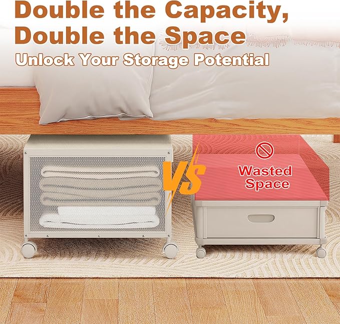 2 Pack Under the Bed Storage Containers,12 inch Height Under Bed Shoe Storage,31inch Long Underbed Storage with Wheels,Large Rolling under bed Clothes Storage Drawers with Lid for Dorm Tall,Ivory
