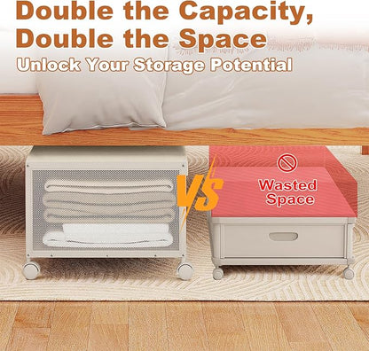 2 Pack Under the Bed Storage Containers,12 inch Height Under Bed Shoe Storage,31inch Long Underbed Storage with Wheels,Large Rolling under bed Clothes Storage Drawers with Lid for Dorm Tall,Ivory